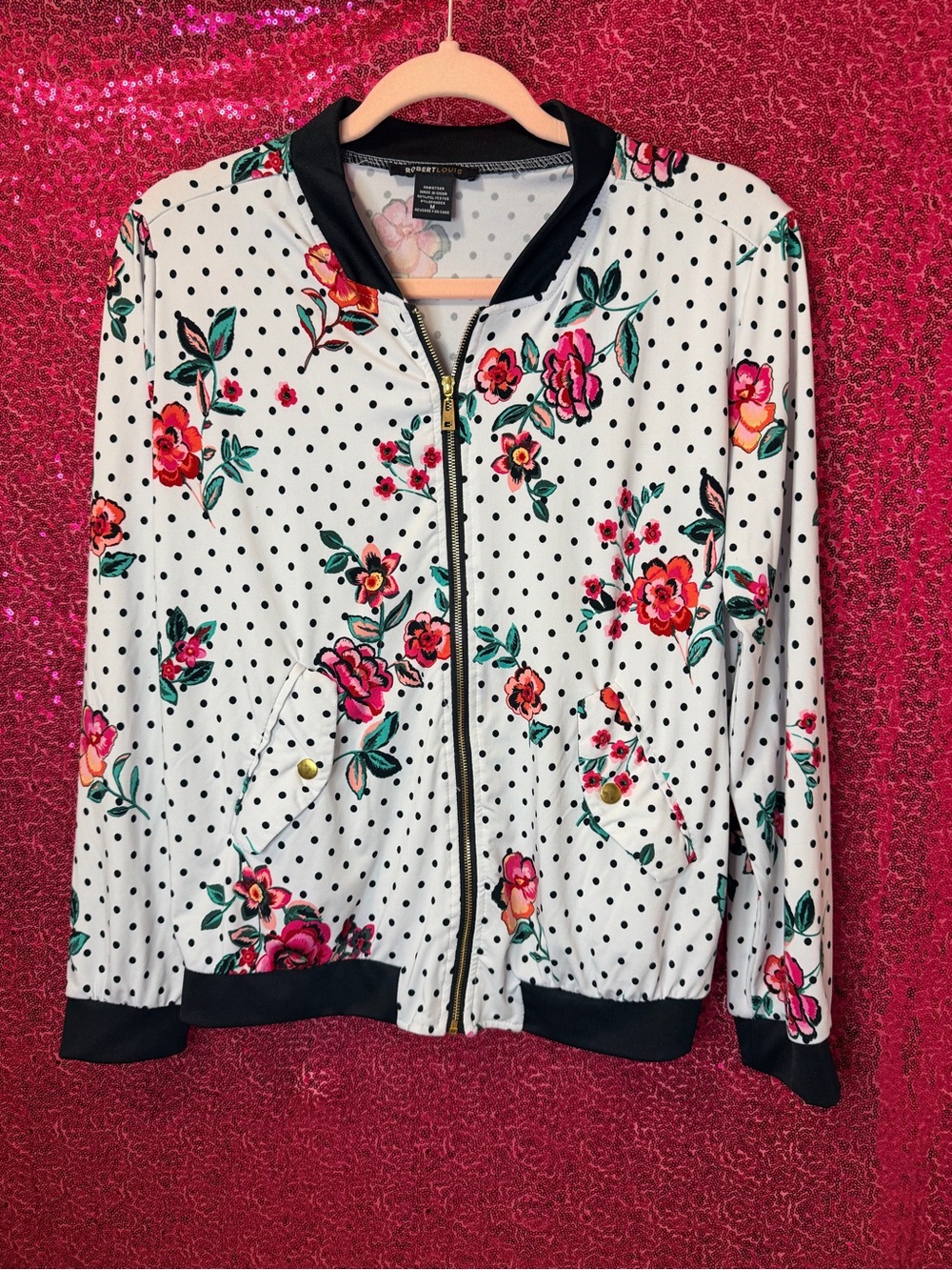 Robert Louis White Polka Dot Bomber Jacket with Pink Floral Print
